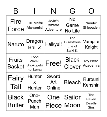 Anime Bingo Card