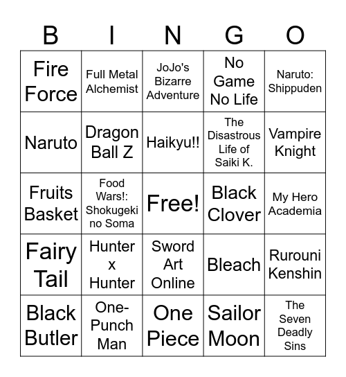 Anime Bingo Card