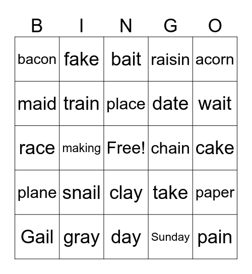 Long 'a' sound Bingo Card