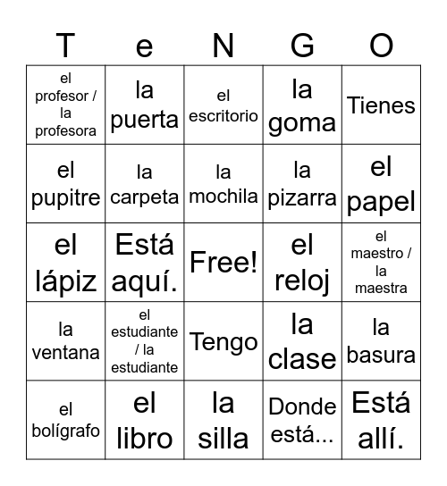 Palabras Escuelas Bingo Card