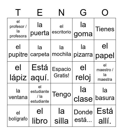 Palabras Escuelas Bingo Card