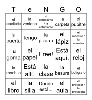 Palabras Escuelas Bingo Card