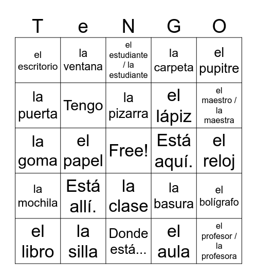 Palabras Escuelas Bingo Card