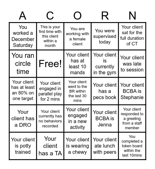Acorn Bingo Card