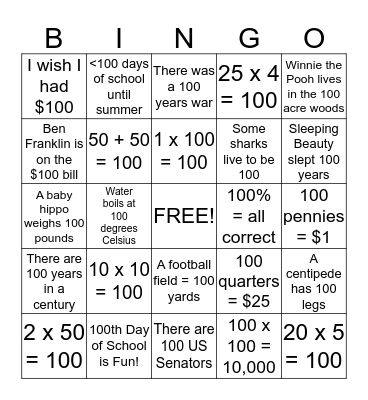 100th Day of School Bingo Card