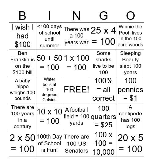 100th Day of School Bingo Card