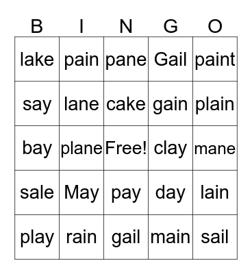 Long A sounds Bingo Card