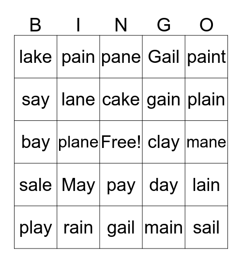 Long A sounds Bingo Card