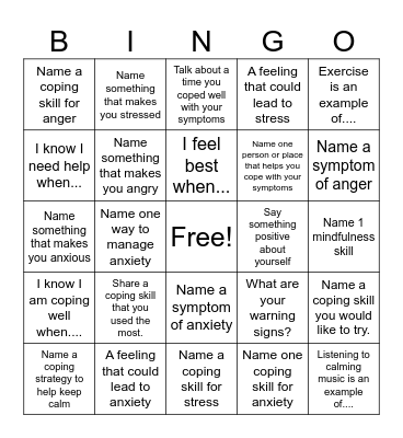 Symptom Management Bingo Card