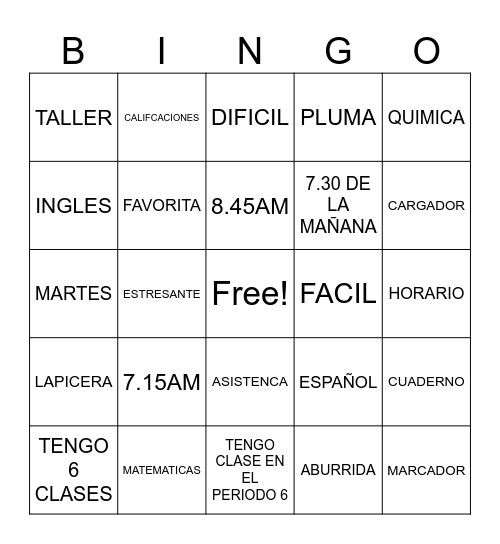 LA HORA Y LA ESCUELA Bingo Card