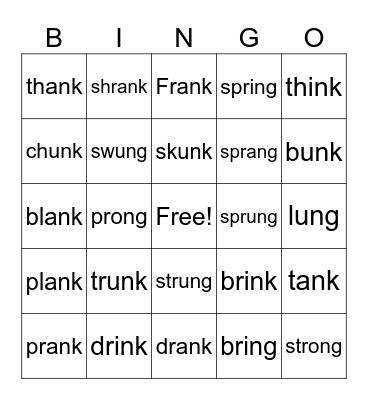 --ng and nk Bingo Card