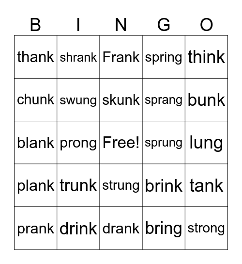 --ng and nk Bingo Card