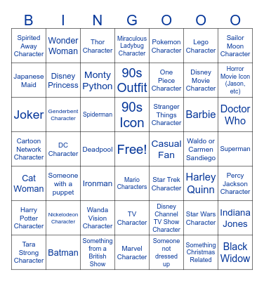 Comic Con Bingo Card