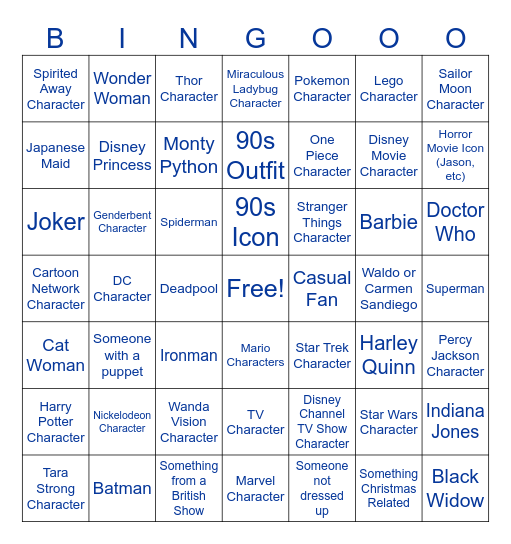 Comic Con Bingo Card
