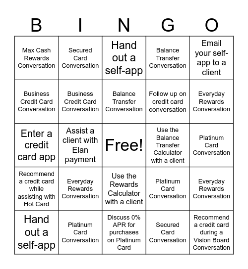 Credit Card Bingo Card