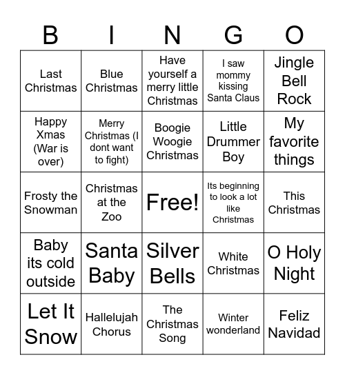 Christmas Songs Bingo Card