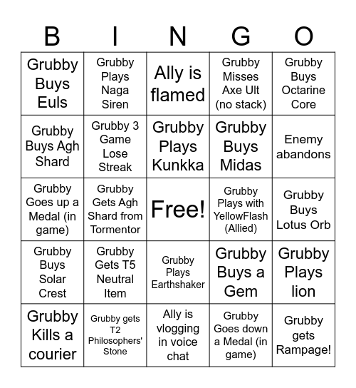 Grubby Stream Bingo Card