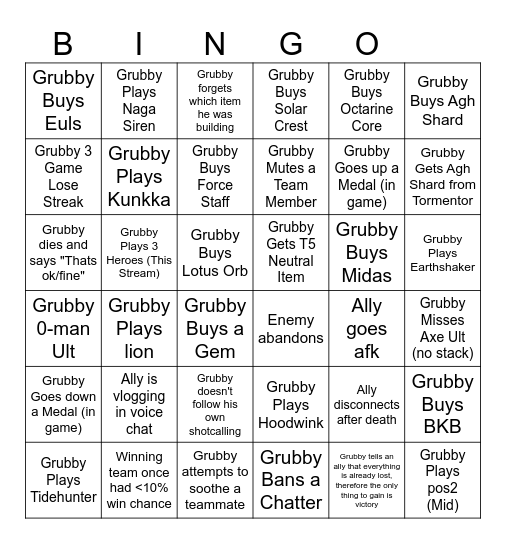 Grubby Stream Bingo Card