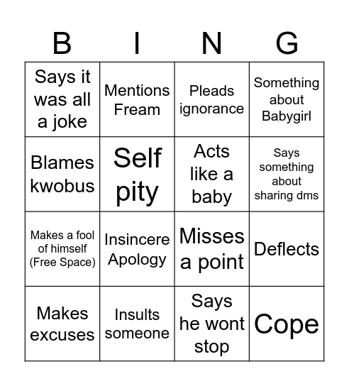 LMG Apology Bingo Card