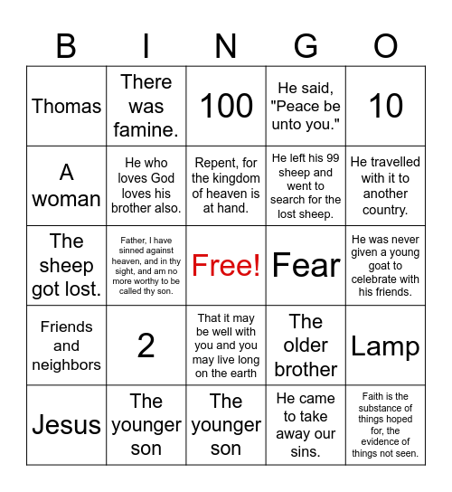 Bible Reading Review Bingo Card