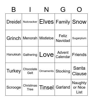 Holiday Words Bingo Card