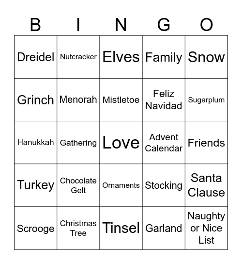 Holiday Words Bingo Card