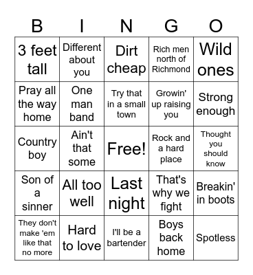 Country time Bingo Card