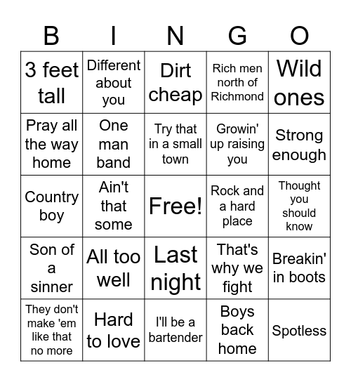 Country time Bingo Card