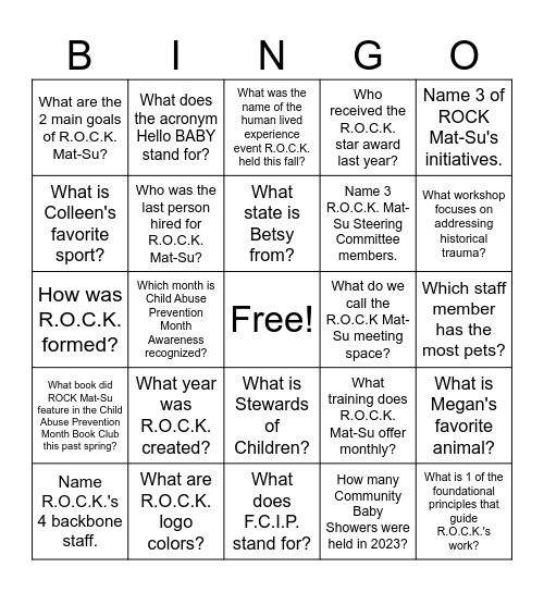 R.O.C.K. Mat-Su Bingo Card