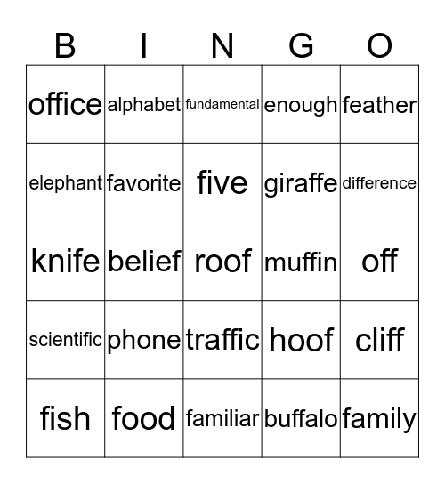 F Bingo Card