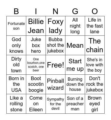 Jukebox favorites Bingo Card
