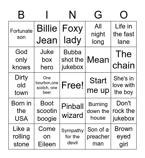 Jukebox favorites Bingo Card