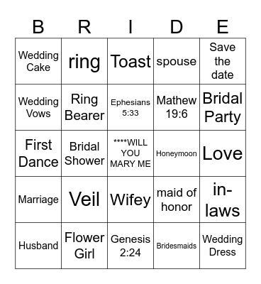 Bridal Bingo Card