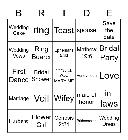 Bridal Bingo Card