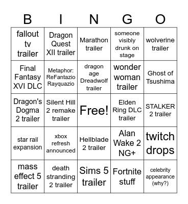 TGAs 2023 Bingo Card