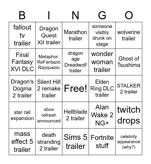 TGAs 2023 Bingo Card