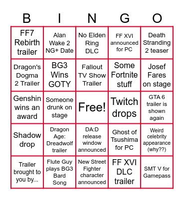 TGAs Bingo 2023 Bingo Card