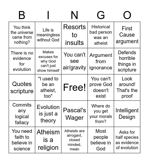 Atheist Debate Bingo Card