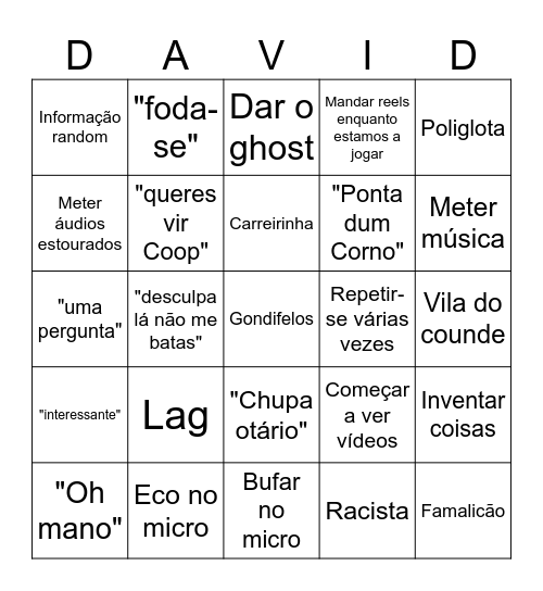 Davidelos Bingo Card