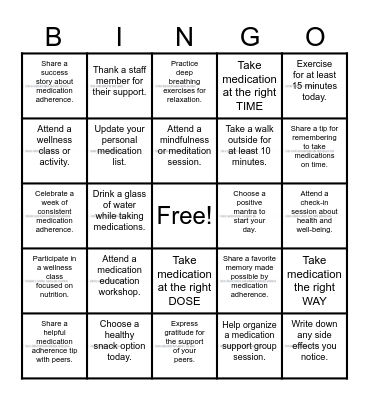 Medication Adherence Bingo Card