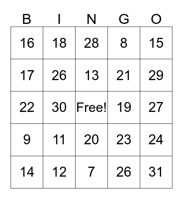 Number Bingo Card