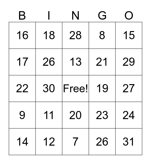 Number Bingo Card