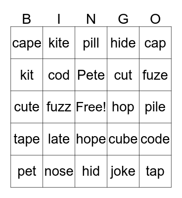 Magic "e" & Short Vowel Bingo Card