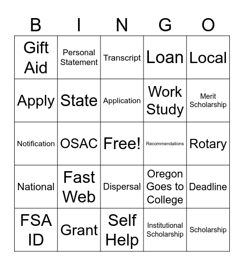Financial Aid Bingo Card