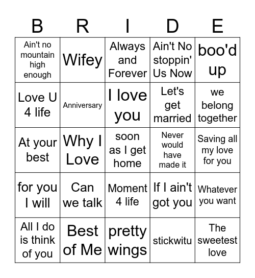 Bride Singo Bingo Card