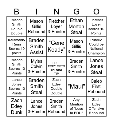 Purdue December 2023 Bingo Card