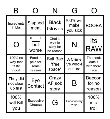 Bad food BONGO Bingo Card