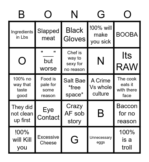 Bad food BONGO Bingo Card