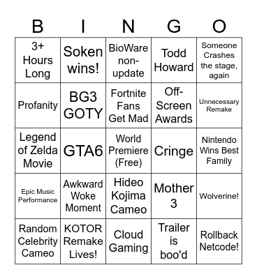 Game Awards bingo card Bingo Card