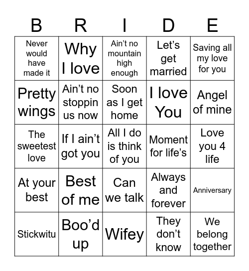 Bride Bingo Card